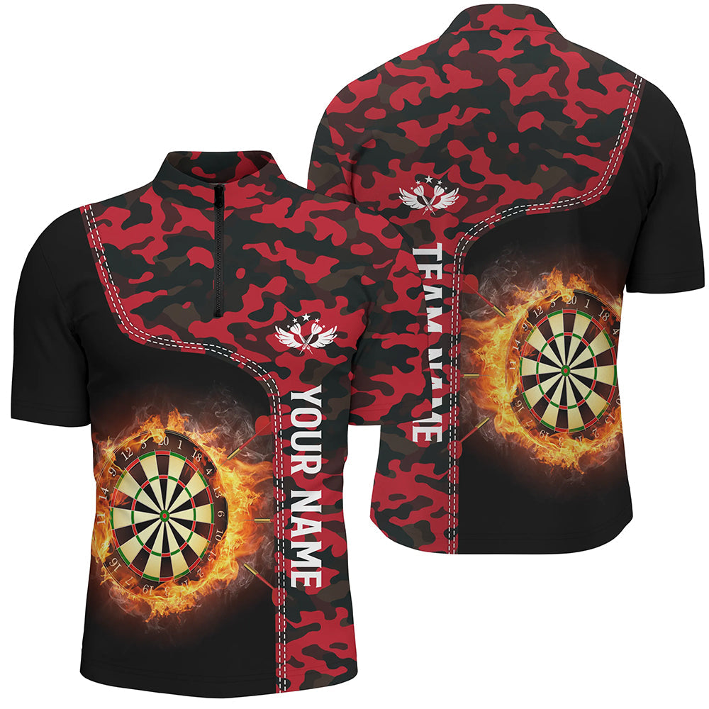 Red Camo Flame Darts Board Mens Quarter-zip Shirt Custom Darts Shirt For Men Dart Jerseys LDT1237