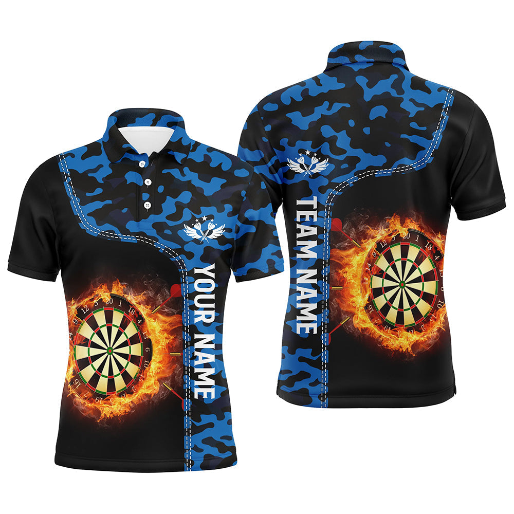 Blue Camo Flame Darts Board Men's Polo Shirt - Custom Dart Shirt for Men - Dart Jerseys L1238