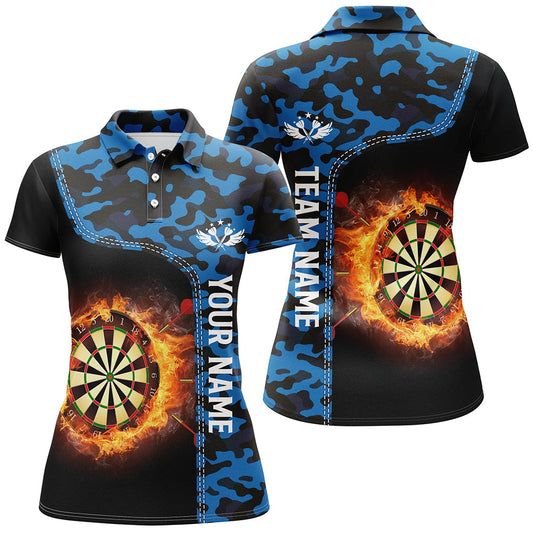 Blue Camo Flame Darts Board Women's Polo Shirt - Custom Dart Jersey for Women L1238