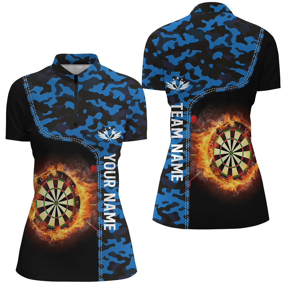 Blue Camo Flame Darts Board Women's Quarter Zip Shirt - Custom Dart Jerseys L1238