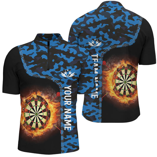 Blue Camo Flame Darts Board Men's Quarter Zip Shirt - Custom Darts Shirt - Dart Jerseys L1238