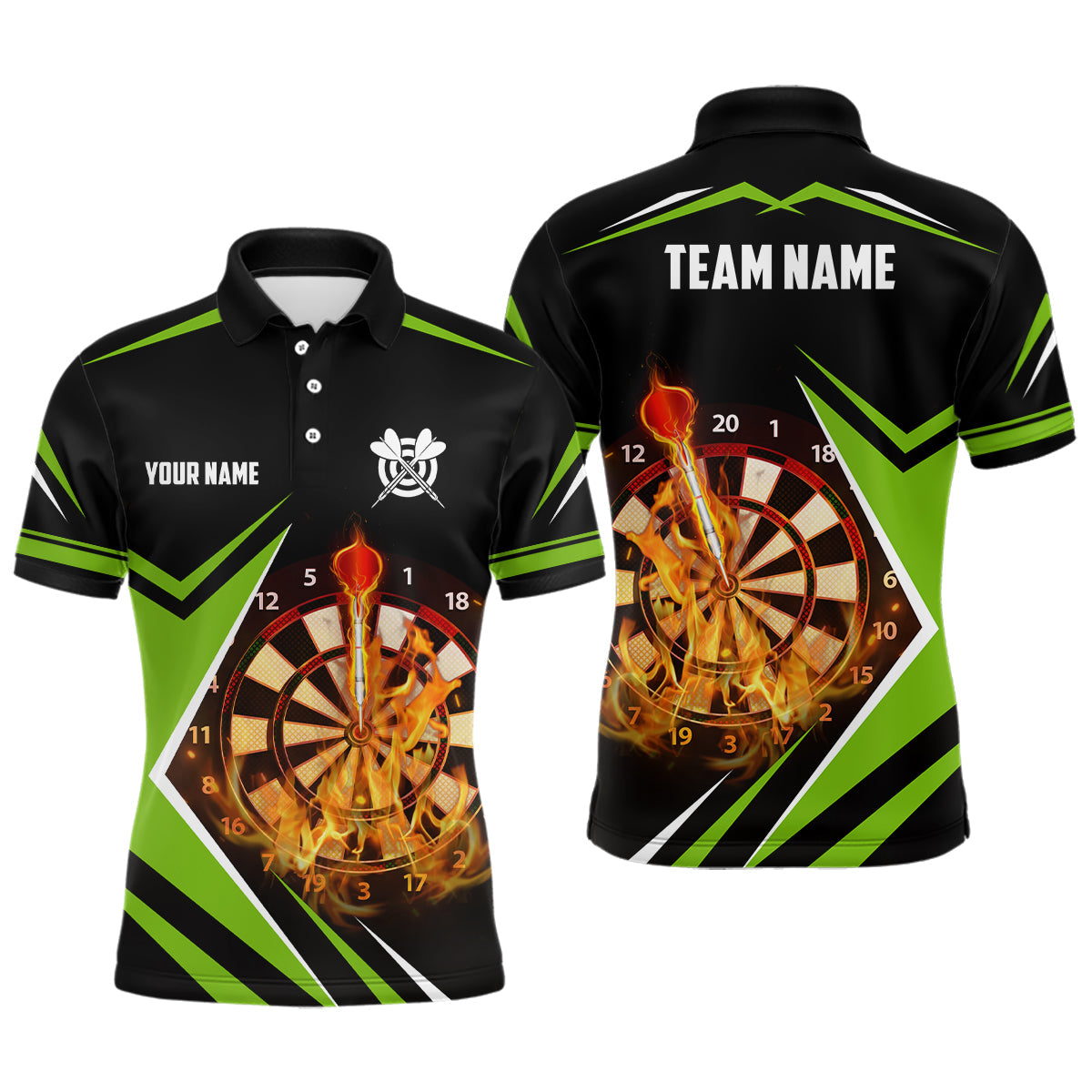 Men's Black Green Flame Darts Polo Shirt L1389