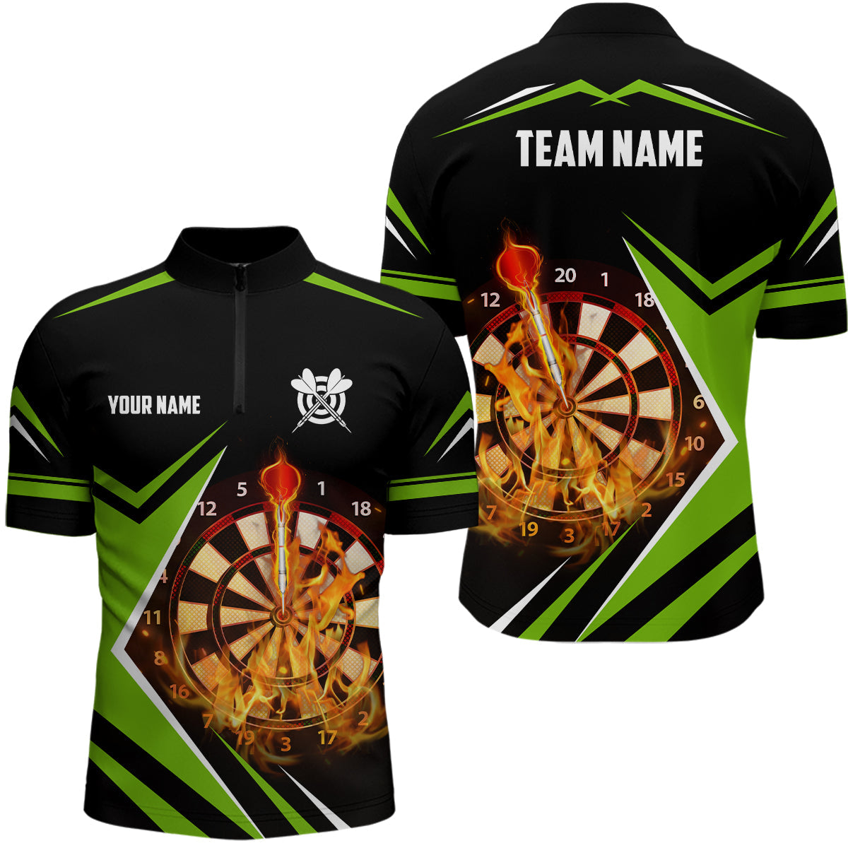 Black Green Fire Flame Darts Quarter Zip Shirt Custom Darts Shirt For Men Dart Jerseys LDT1389