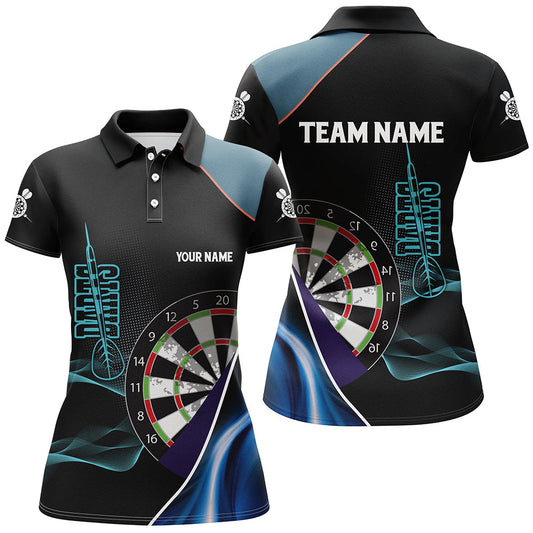 Custom Blue Black 3D Womens Darts Polo Shirts | Personalized Dart Jerseys | Women's Dart Team Shirts V1111