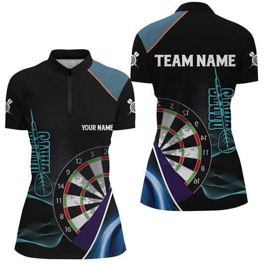 Custom Blue Black 3D Darts Quarter-Zip Shirts for Women - Personalized Dart Team Jerseys V1111