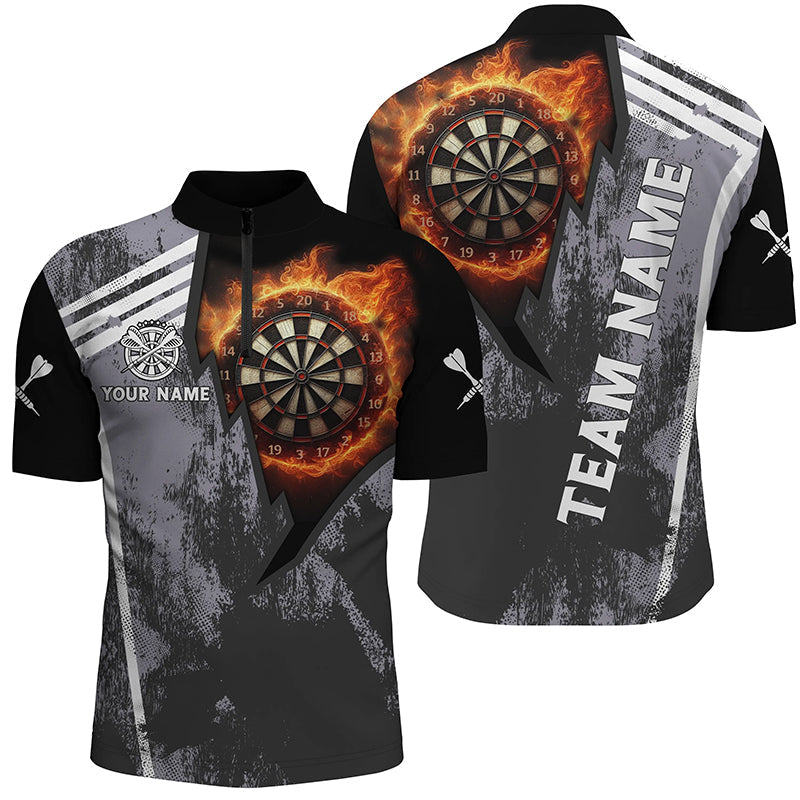 Men's Grunge Black Fire Dartboard Quarter-Zip Dart Shirt V1078