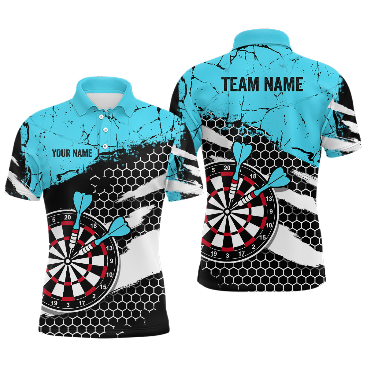 Blue Grunge Hive Pattern Darts Polo Shirt for Men - Custom Dart Team Jersey | Mens Dart Apparel V1112