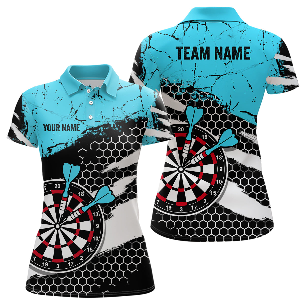 Blue Grunge Hive Pattern Darts Polo Shirts for Women - Custom Dart Team Jerseys | Womens Dart Apparel V1112