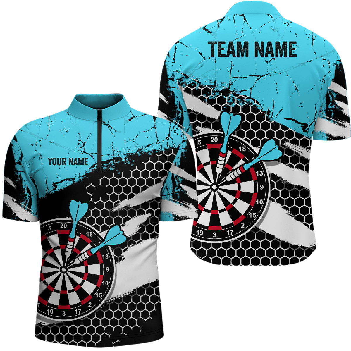 Blue Grunge Hive Pattern Darts Quarter-Zip Shirts | Custom Dart Team Jerseys V1112