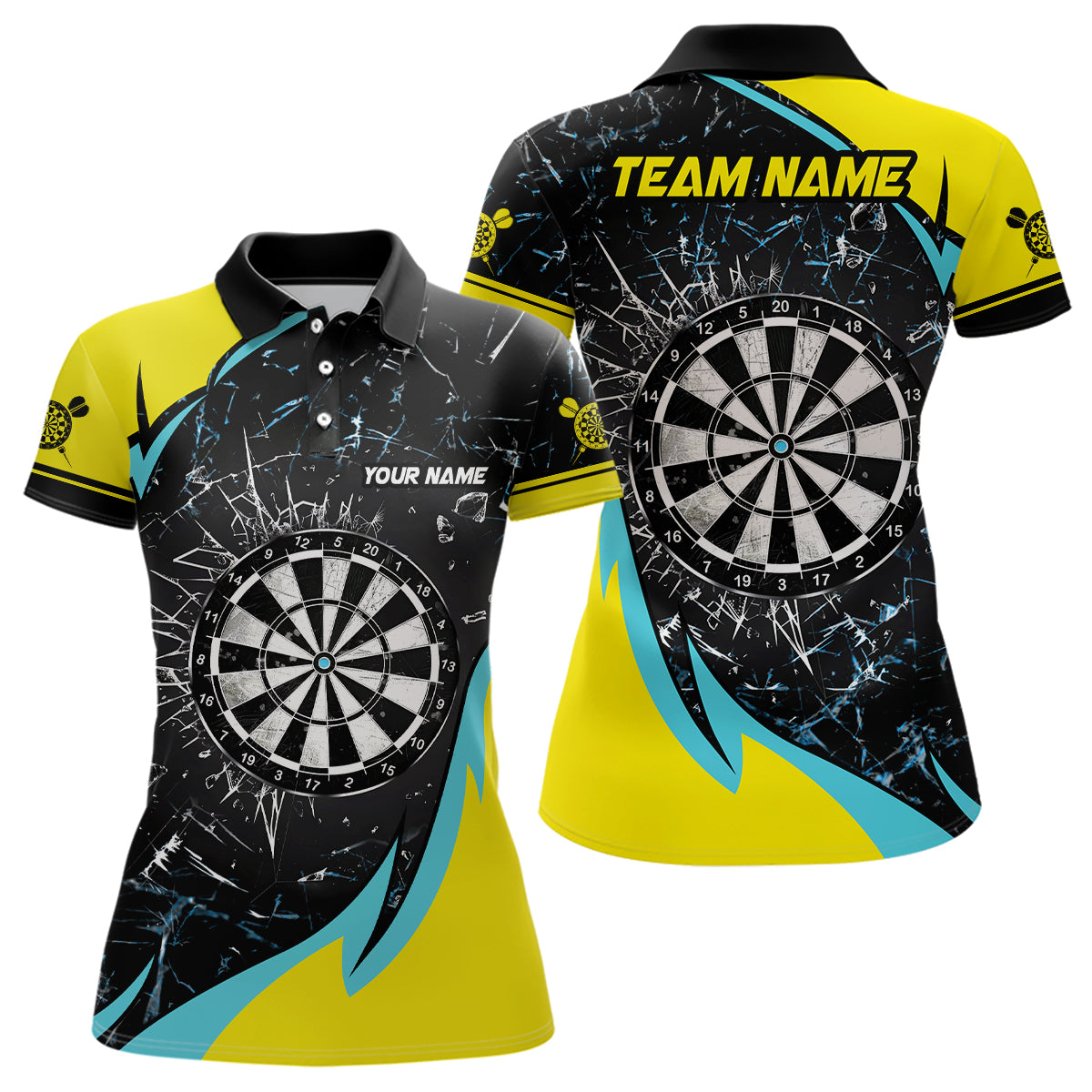 Custom Yellow Blue Glass Break Dart Shirts - Personalized Dart Jerseys for Women | Dart Team Shirts V1192