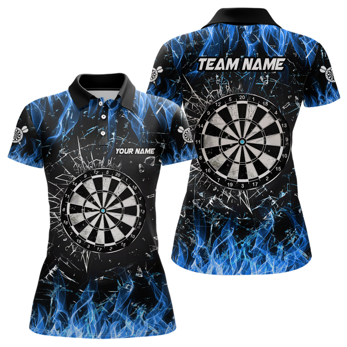 Custom Blue Fire Glass Break Dart Shirts - Personalized Dart Jerseys for Women - Dart Team Shirts V1193