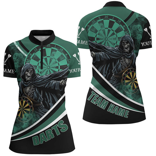 Custom Death Skeleton Green Darts Jersey Women Quarter-Zip Shirts - Team League Darts Shirts T1390