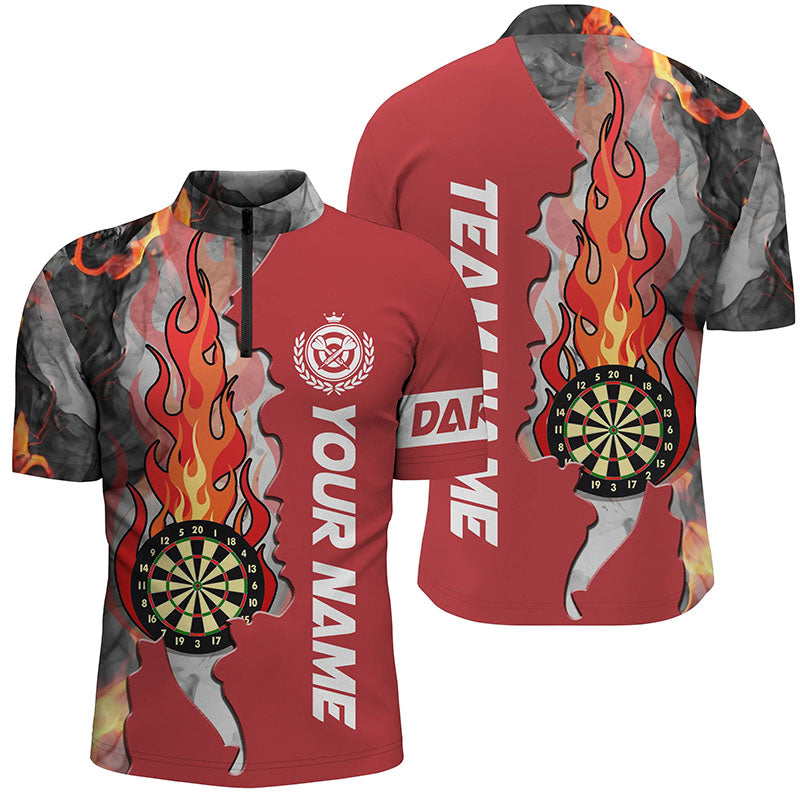 Men's Red Darts Quarter-Zip Shirt with Fire Flame Design T1307