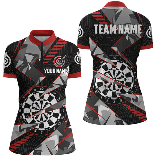 Custom Black Red Grunge Darts Board Women Quarter-Zip Shirt - Team League Darts Jersey T1516
