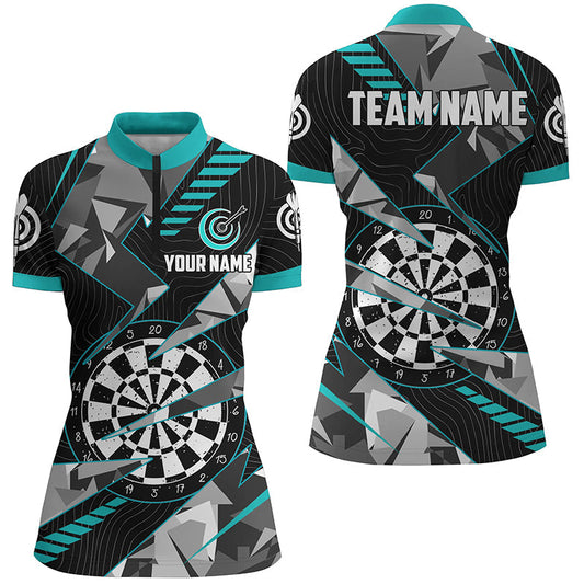 Turquoise Grunge Darts Board Women Quarter-Zip Shirt - Team League Darts Jersey T1517