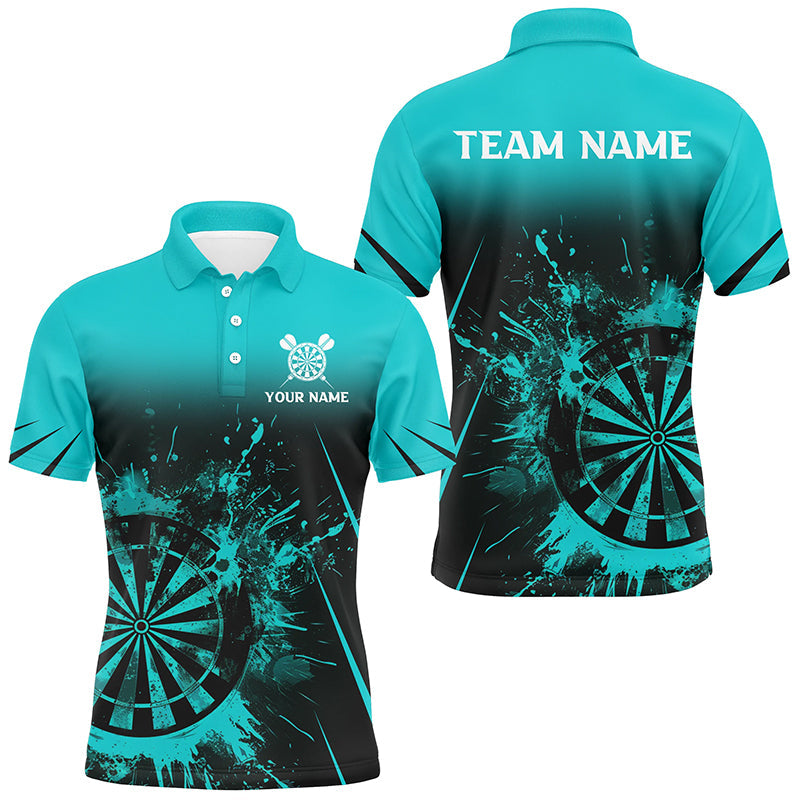 Turquoise Grunge Dart Polo & Quarter-Zip Shirts for Men | Custom Retro Dart Board Team Jerseys T2960