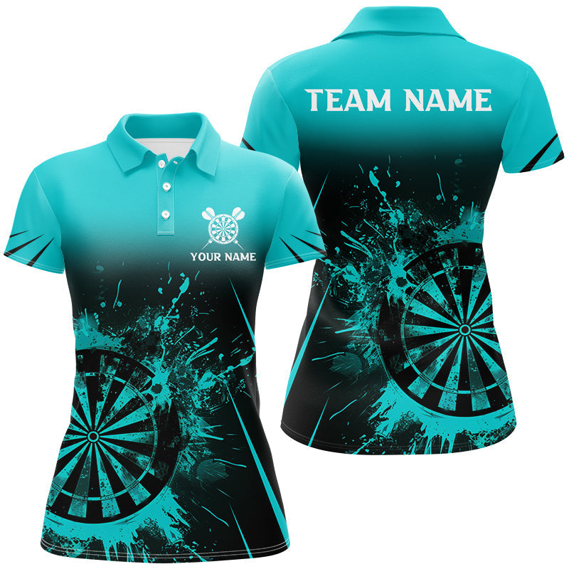 Turquoise Grunge Dart Polo & Quarter-Zip Shirts for Women - Custom Retro Darts Board Team Jerseys T2960