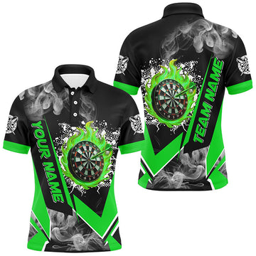 Personalized Men's Dart Shirts - Custom Fire Flame Smoke Dartboard Team Jerseys in Green T3009