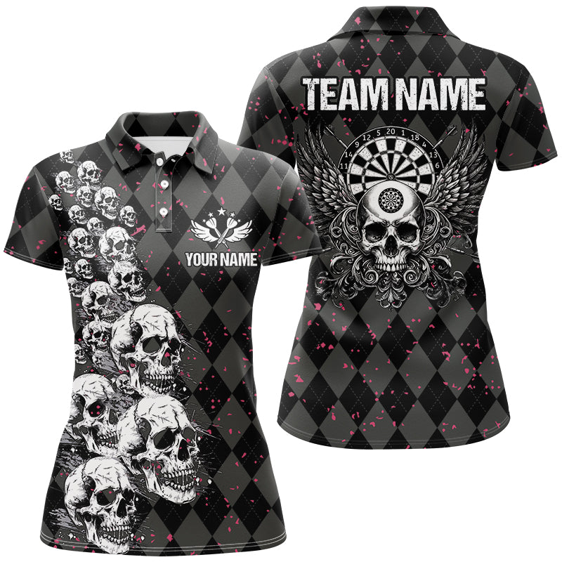 Personalized Black Argyle Women’s Dart Shirt with Wings and Skull Design, Funny Custom Dart Jersey Uniform T2781