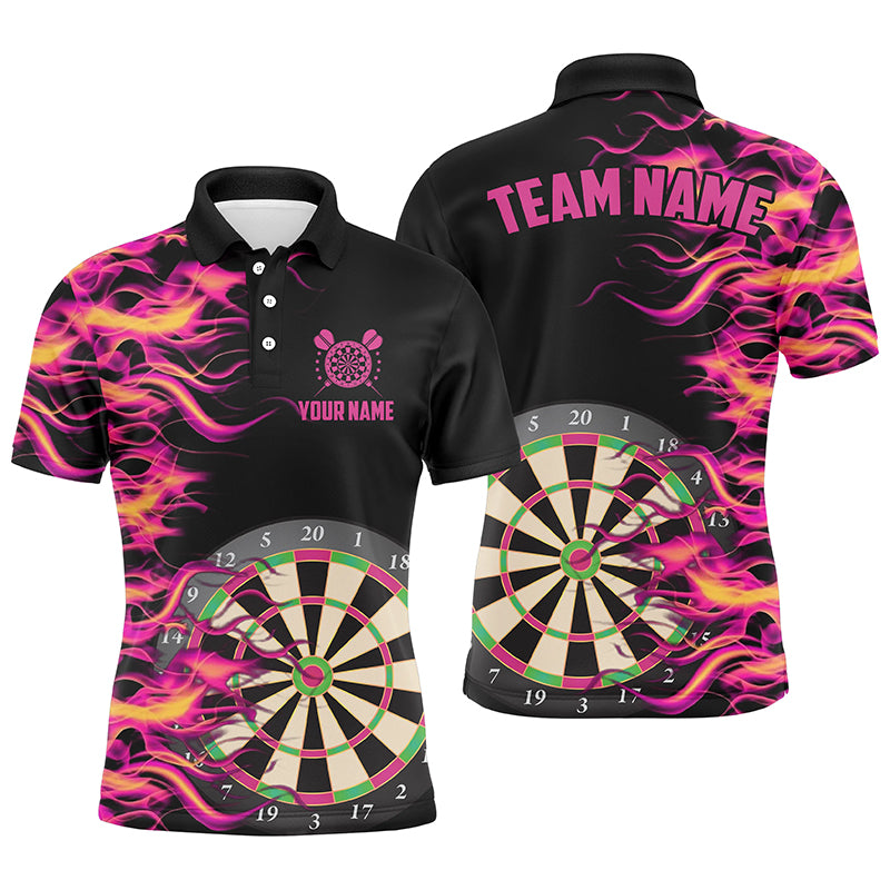 Men's Pink Fire Flame Darts Polo Shirt - Custom Team Name Jersey T1294