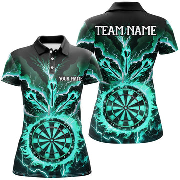 Personalized Turquoise Lightning Smoke Flame Darts Shirts for Women | Darts League Team Jerseys T2802