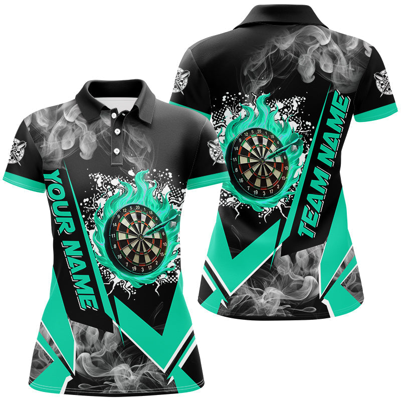 Personalized Turquoise Dartboard Fire Flame Smoke Custom Dart Shirts for Women | Darts Team Jerseys T2812