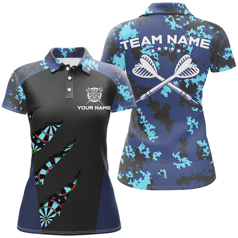 Blue Camo Darts Polo & Quarter Zip Shirt for Women | Custom Camouflage Team Jerseys T2840