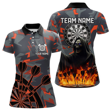 Personalized Women's Death Skeleton Fire Camo Dart Shirt | Custom Camouflage Darts League Jersey T3072