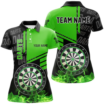 Black And Green Fire Darts Shirt For Women - Custom Darts League Team Jersey Polo & 1/4 Zip T2880