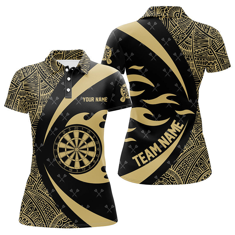 Custom Yellow & Black Tribal Pattern Darts Women Polo Shirt - Unique Darts Team Jersey T1357