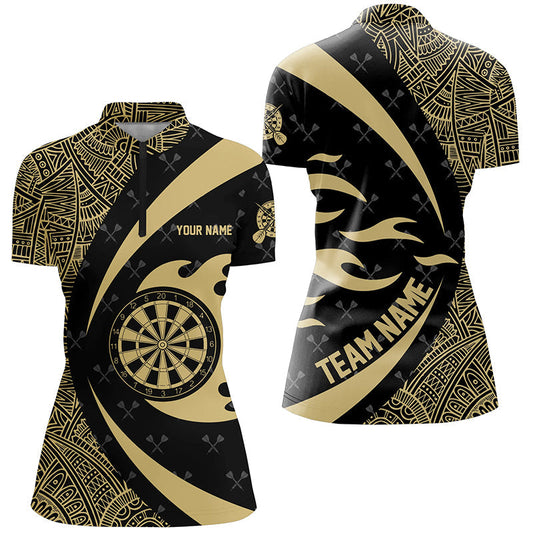 Yellow and Black Tribal Pattern Darts Women Quarter-Zip Shirt - Custom Name Darts Team Jersey T1357