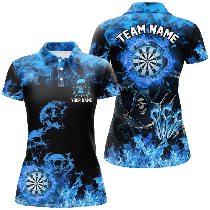 Fire Flame Darts Board Skull Dart Shirt for Women - Scary Skeleton Jersey in Blue T2903