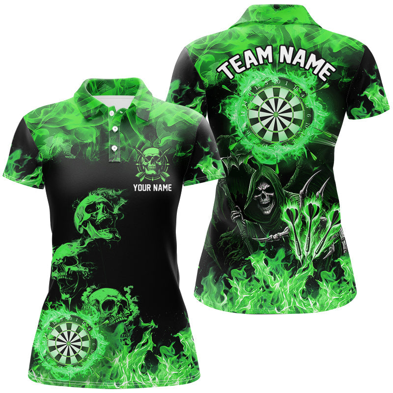 Fire Flame Darts Board Skull Dart Shirts for Women | Death Skeleton Scary Dart Jerseys in Green T2904