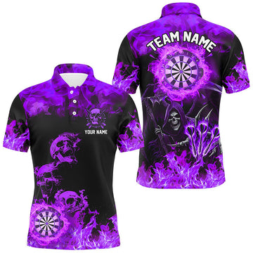 Custom Skull Dart Shirts for Men - Fire Flame Darts Board, Death Skeleton Scary Dart Jerseys, Purple T2905