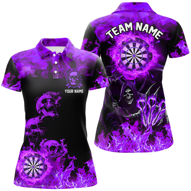 Skull Dart Jerseys for Women - Fire Flame Darts Board, Scary Death Skeleton Design, Purple T2905