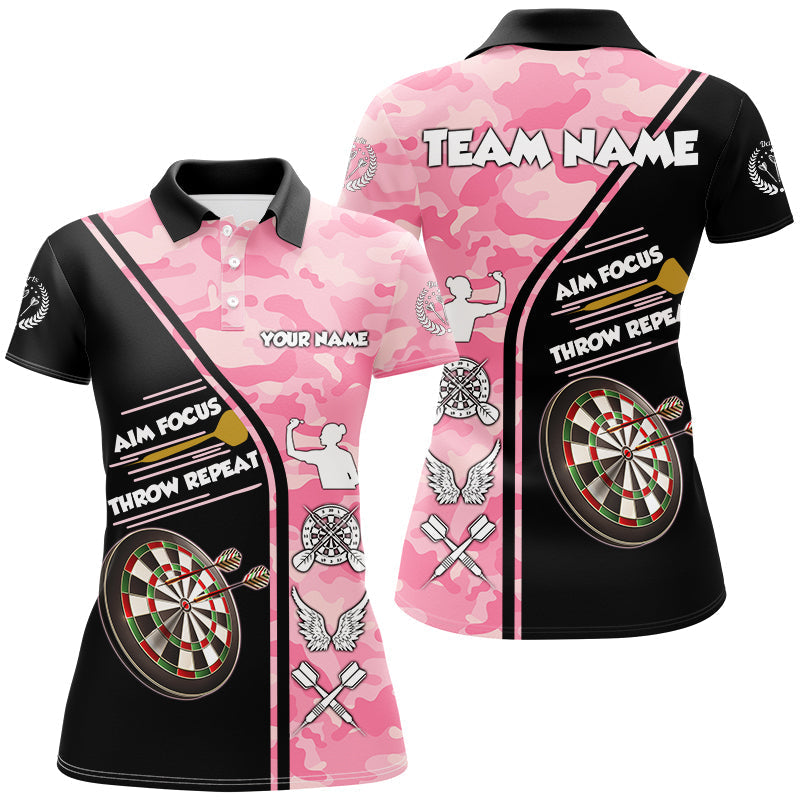 Aim Focus Throw Repeat Pink Camouflage Darts Shirt for Women - Funny Saying Dart Jersey T2930