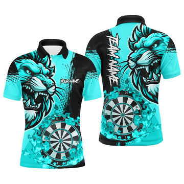 Turquoise Funny Darts Flame Lion Custom Polo & 1/4 Zip - Personalized Men’s Dart Shirts & Jerseys T2958