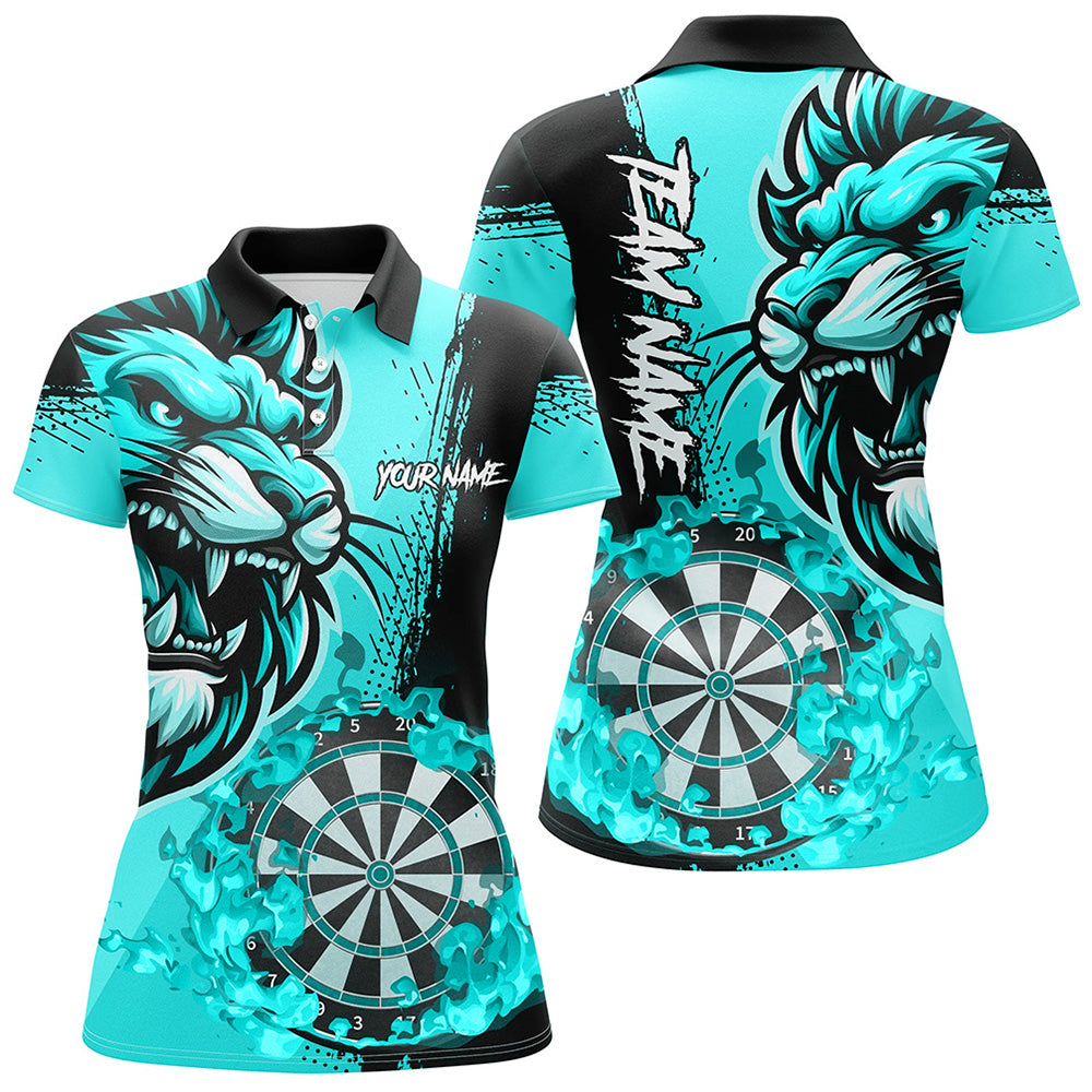 Turquoise Funny Darts Flame Lion Polo & 1/4 Zip Shirt for Women, Personalized Dart Jerseys T2958