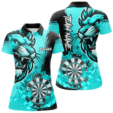 Turquoise Funny Darts Flame Lion Polo & 1/4 Zip Shirt for Women, Personalized Dart Jerseys T2958