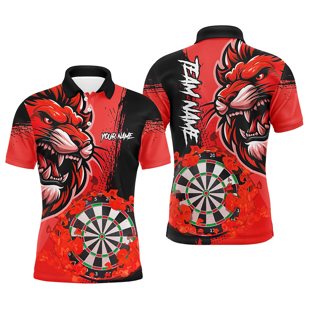 Red Funny Darts Flame Lion Custom Polo & Quarter-Zip Shirt for Men - Personalized Dart Jerseys T2959