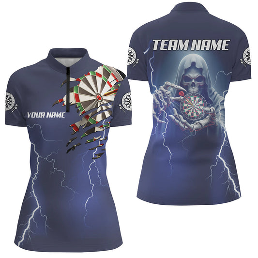 Custom Skeleton Darts Thunder Lightning Blue 3D Printed Women Quarter-Zip Shirt Darts Jersey - Dart Shirt for Women T1471