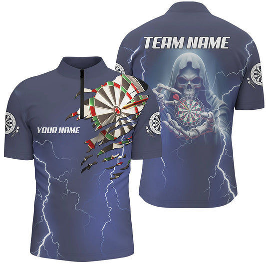 Custom Skeleton Darts Jersey | Thunder Lightning Blue Men Quarter-Zip Shirt | 3D Printed Darts Jersey T1471