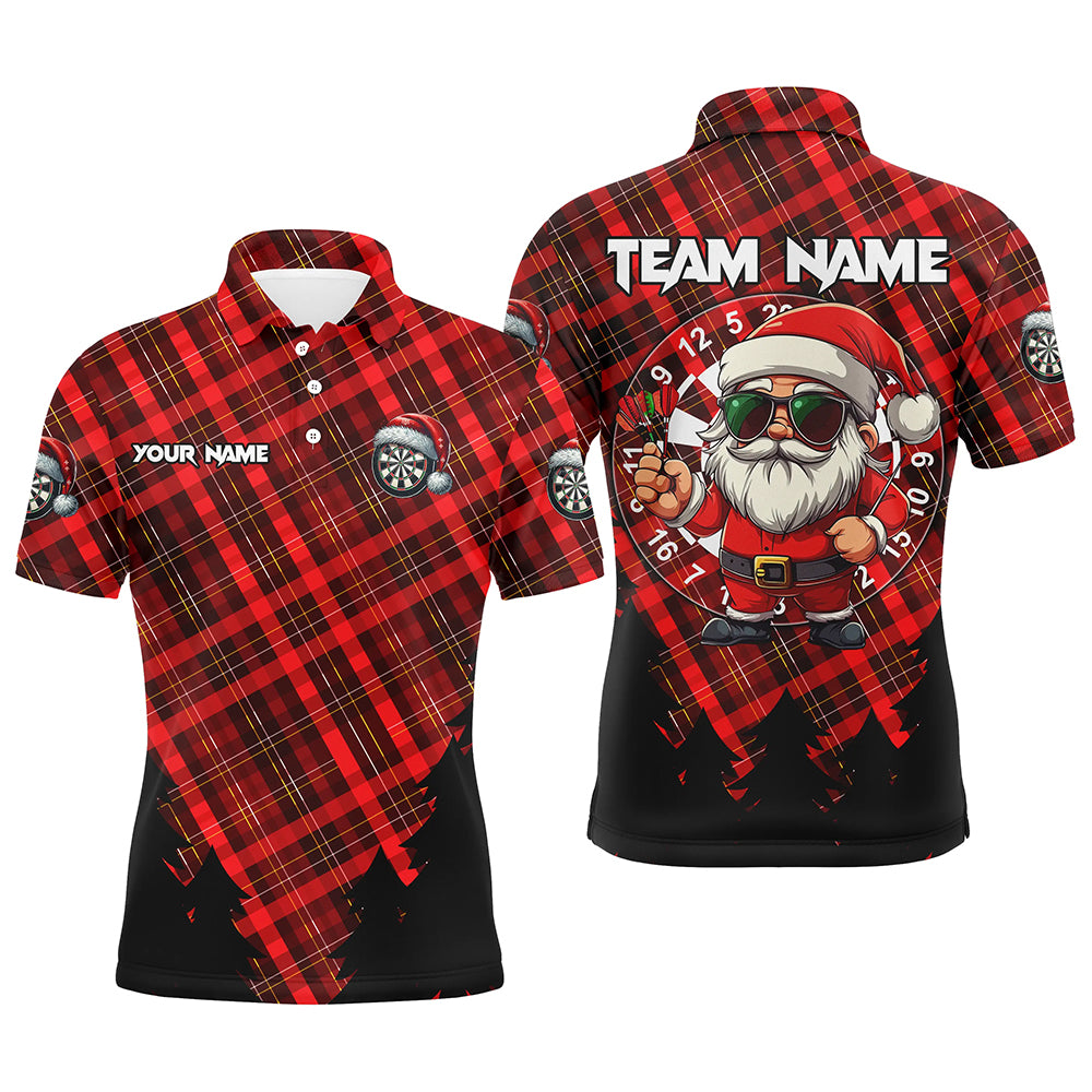 Funny Christmas Santa Dart Shirts for Men, Custom Red Plaid Pattern Darts Outfit Jerseys T2808