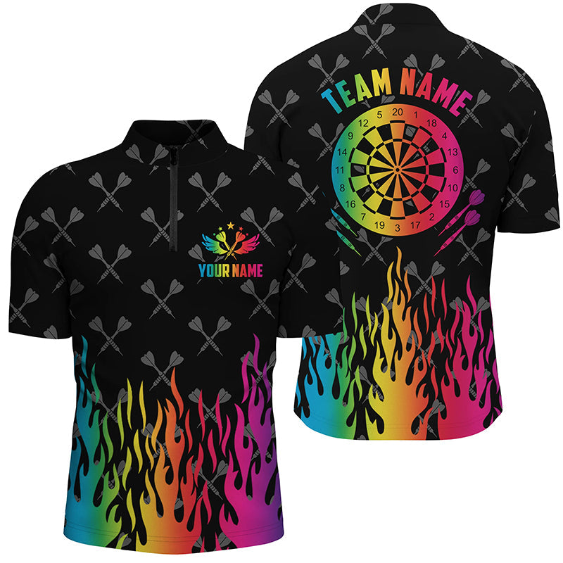 Personalized Colorful Fire Flame Darts Men Quarter-Zip Shirts, Unique Darts Team Jersey TDM1393