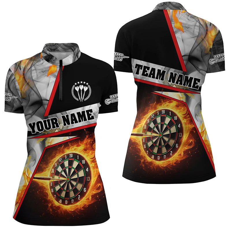 Custom Women's Darts Quarter-Zip Shirt - Grey Smoke Flame Design | Dart League Jersey T1257