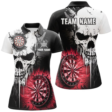 Personalized Grunge Skull Crack Wall Dart Shirt for Women | Custom Scary Darts League Team Jersey - Red T2786