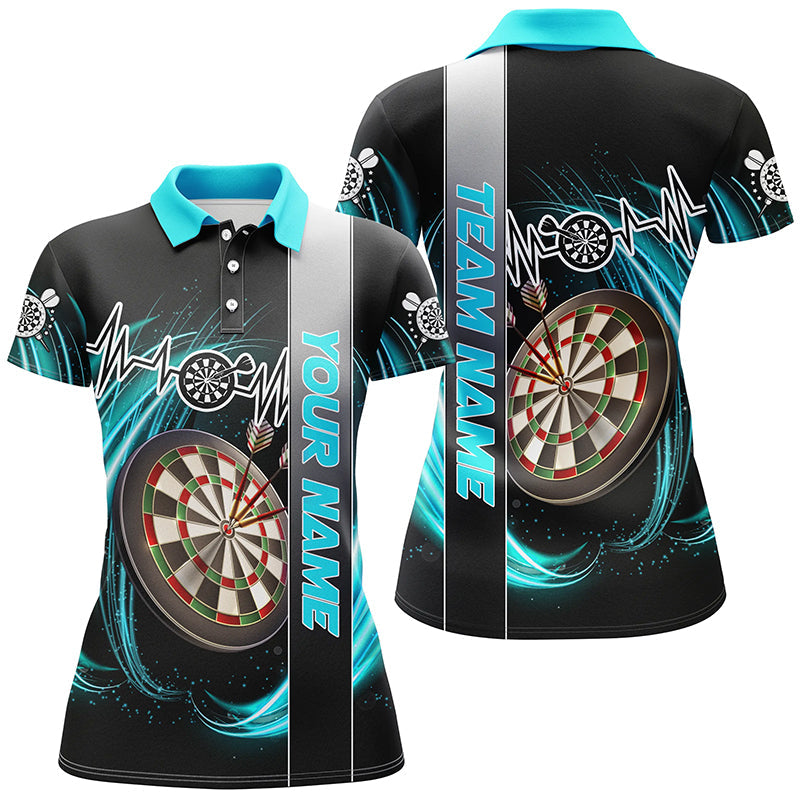 Personalized Cyan Swirl Dart Board Shirt with Heartbeat Line - Custom Women's Dart Jersey Team Uniform T3023