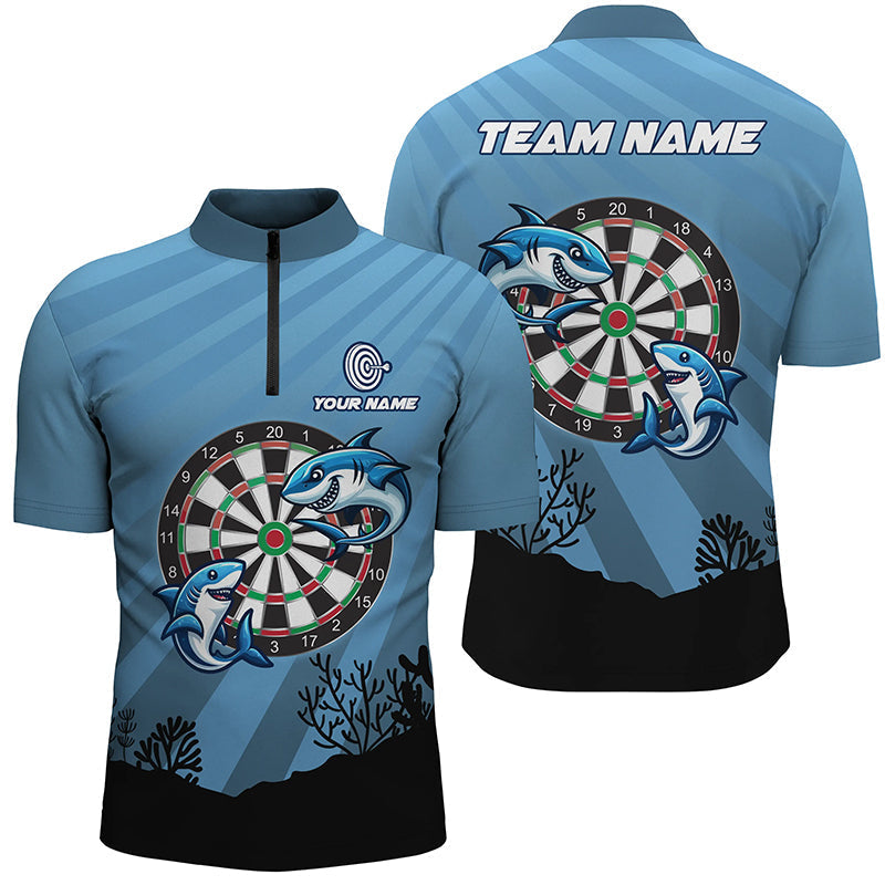 Personalized Shark Dart Board Blue Men Quarter-Zip Shirt - Funniest Darts Gift T1284