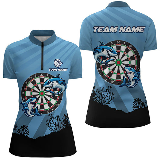 Personalized Shark Dart Board Blue Women Quarter-Zip Shirts - Funniest Darts Shirts Gift T1284