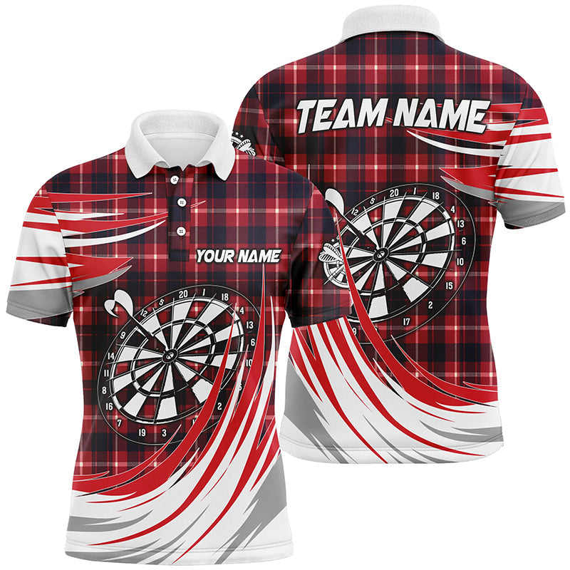 Custom Red Darts Board Plaid Pattern Men's Polo Shirt - Personalized Darts Team Jersey Attire T1537